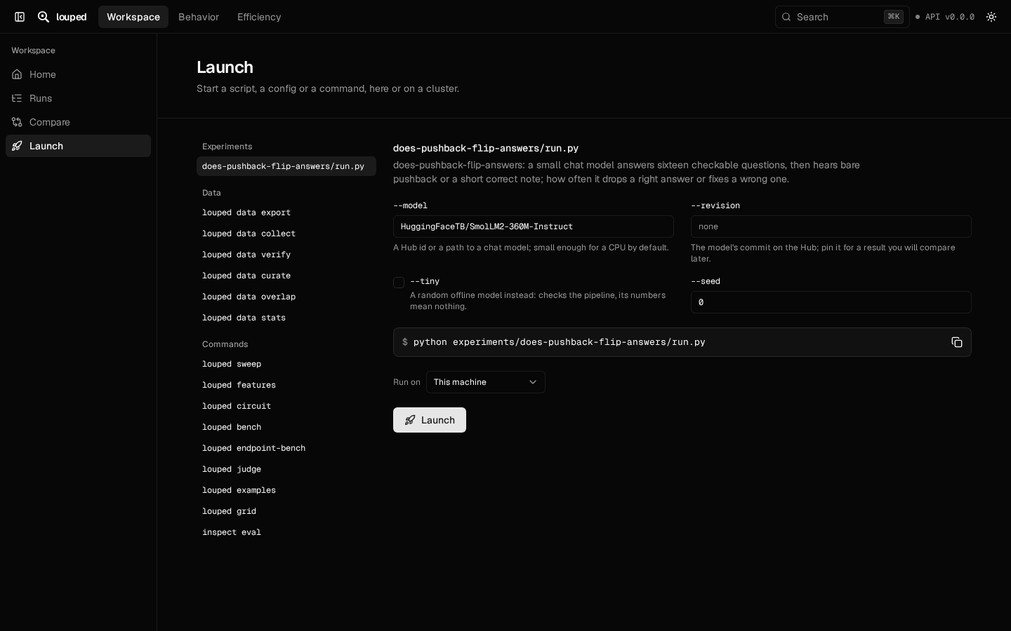 The launch form, with the choice to run here or on a cluster