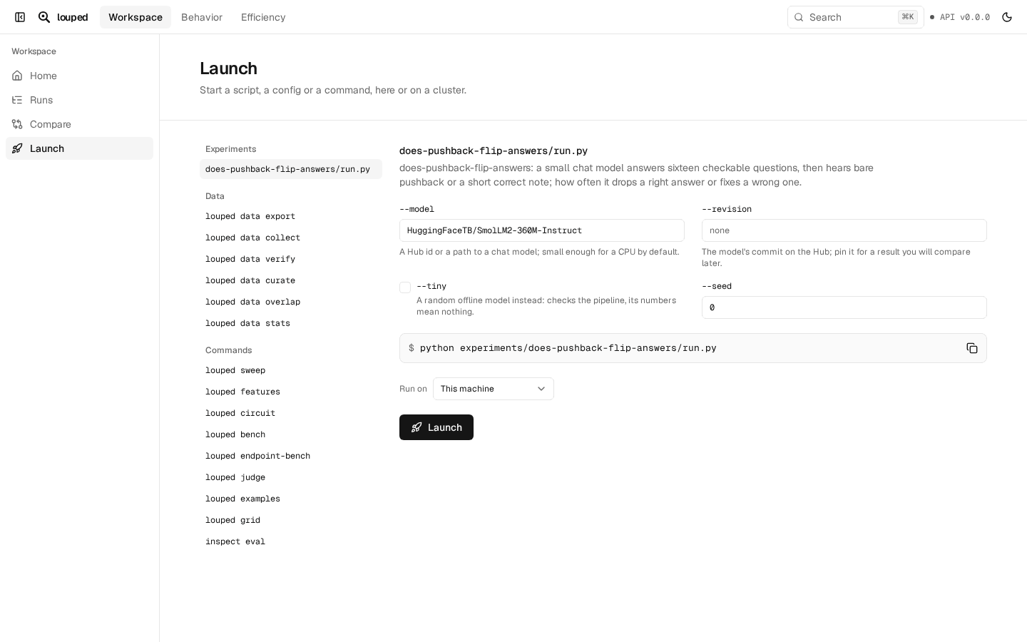 The launch form, with the choice to run here or on a cluster